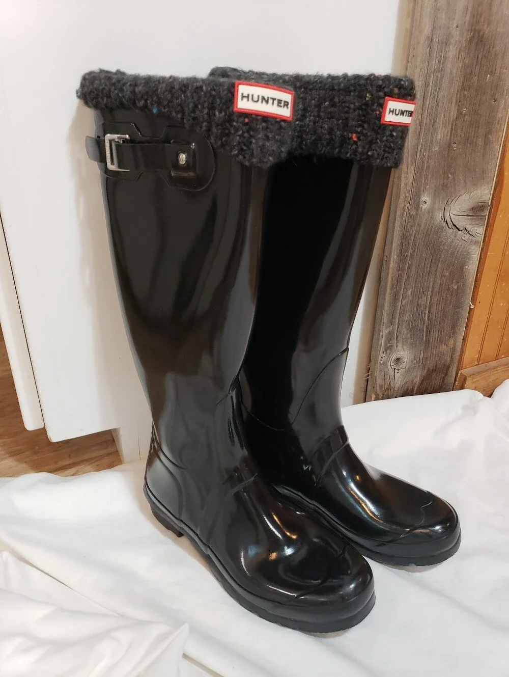 Hunter Tall Original Glossy Black Rain Boot Fold Down Knit Sock Removable Size 9